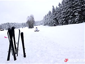 Playful skier Nikky fantasy takes her trainer's dick in the snow